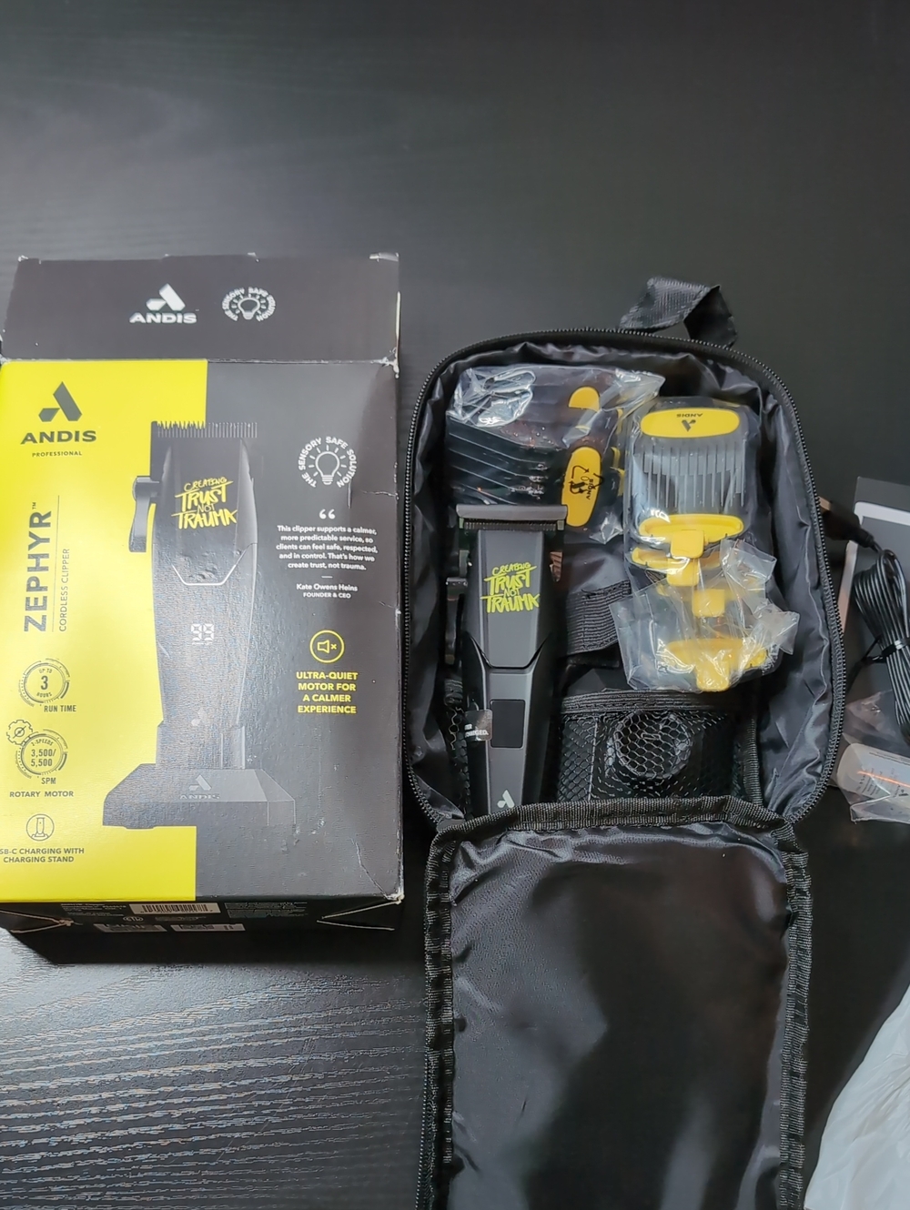 Andis Black & Yellow Zephyr Clipper Set with Case Quiet Cordless Sensory Safe
